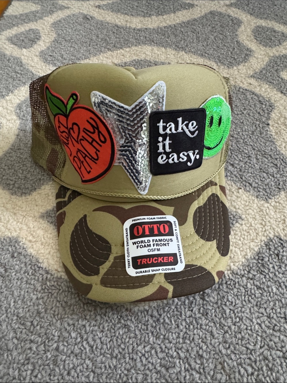 OTTO Olive Trucker Hat with Peach Patch, Silver Star & Green Smiley